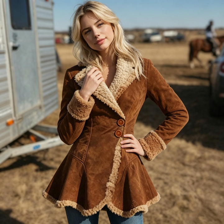 Women's tailored lambskin imitation coat with flared hem, double button closure and contrast sherpa trim Mune Fashion