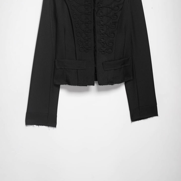 Women Cropped Military Blazer with Stand Collar, Decorative Loops and Fringed Hem Mune Fashion
