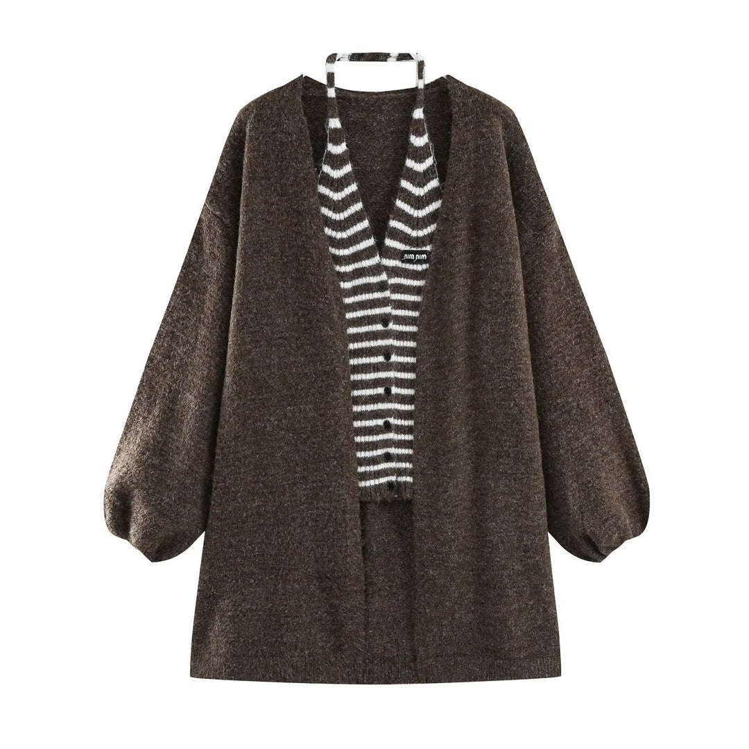 Women's Oversized Knit Cardigan with Balloon Sleeves and Striped Trim Button Placket Mune Fashion