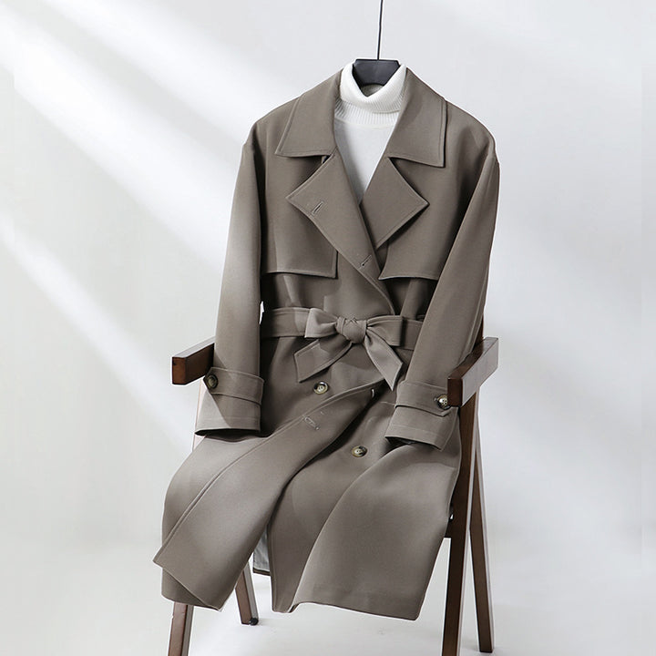 Women Long Tailored Trench Coat with Wide Shawl Collar and Tie Belt Mune Fashion
