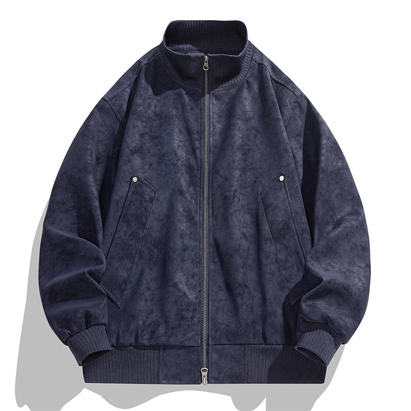 Men's Oversized Suede Look Bomber Jacket with Stand-Up Collar and Ribbed Cuffs Mune Fashion