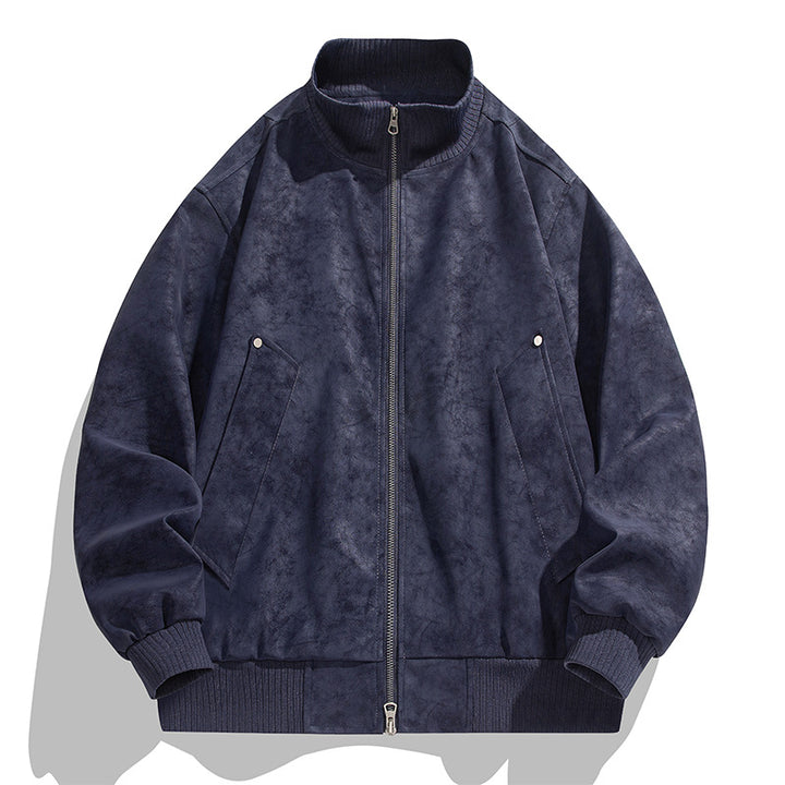 Men's Oversized Suede Look Bomber Jacket with Stand-Up Collar and Ribbed Cuffs Mune Fashion