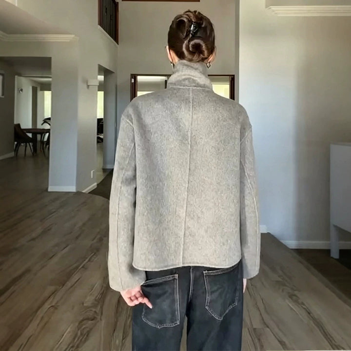 Women's Short Wool Blend Coat with Asymmetrical Button Placket and High Standing Collar Mune Fashion