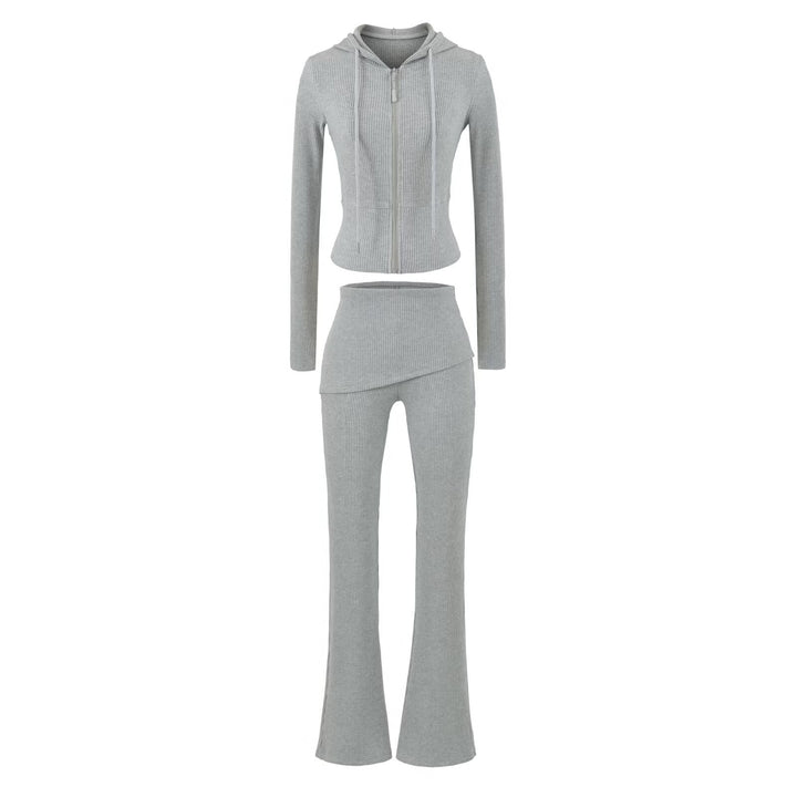 Women's Ribbed Lounge Set with Hooded Jacket and Wrap Waist Pants Mune Fashion