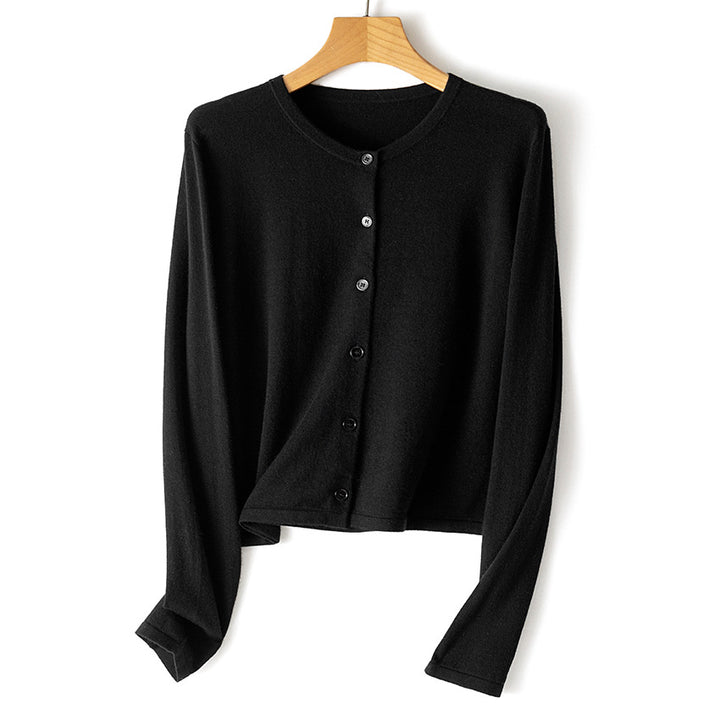 Women's lightweight short-cut fine knit cardigan with round neckline and button placket Mune Fashion