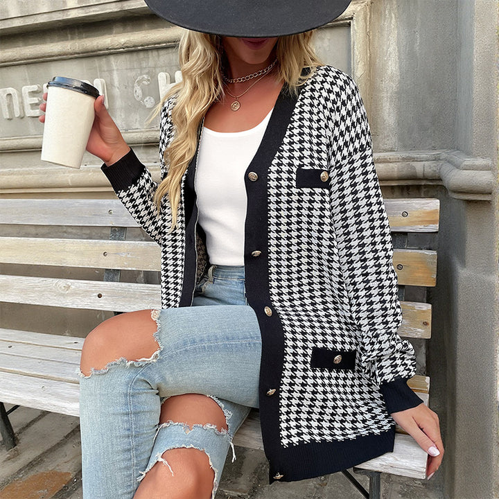Women's Fashionable Knitted Cardigan with Houndstooth Pattern Mune Fashion