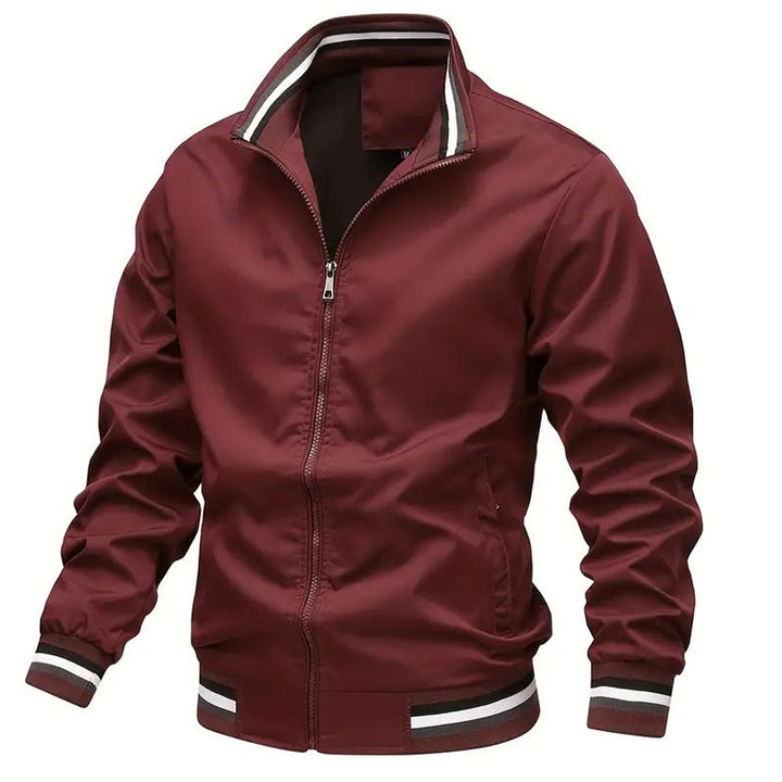 Men's lightweight windproof bomber jacket with stand-up collar, elastic cuffs, and full-length zipper.