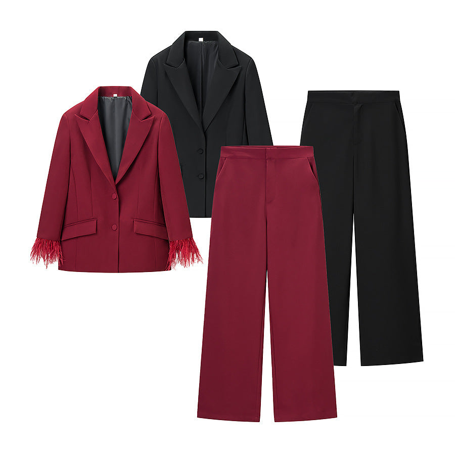 Women Stylish tailored blazer pantsuit with feather trim on cuffs Mune Fashion