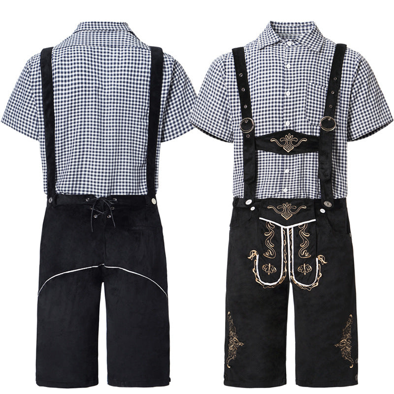 Men's traditional short leather trousers with elaborate embroidery and adjustable straps Mune Fashion