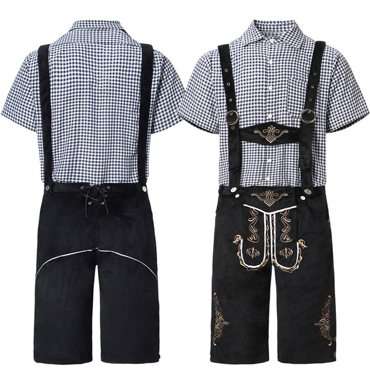 Men's traditional short leather trousers with elaborate embroidery and adjustable straps Mune Fashion