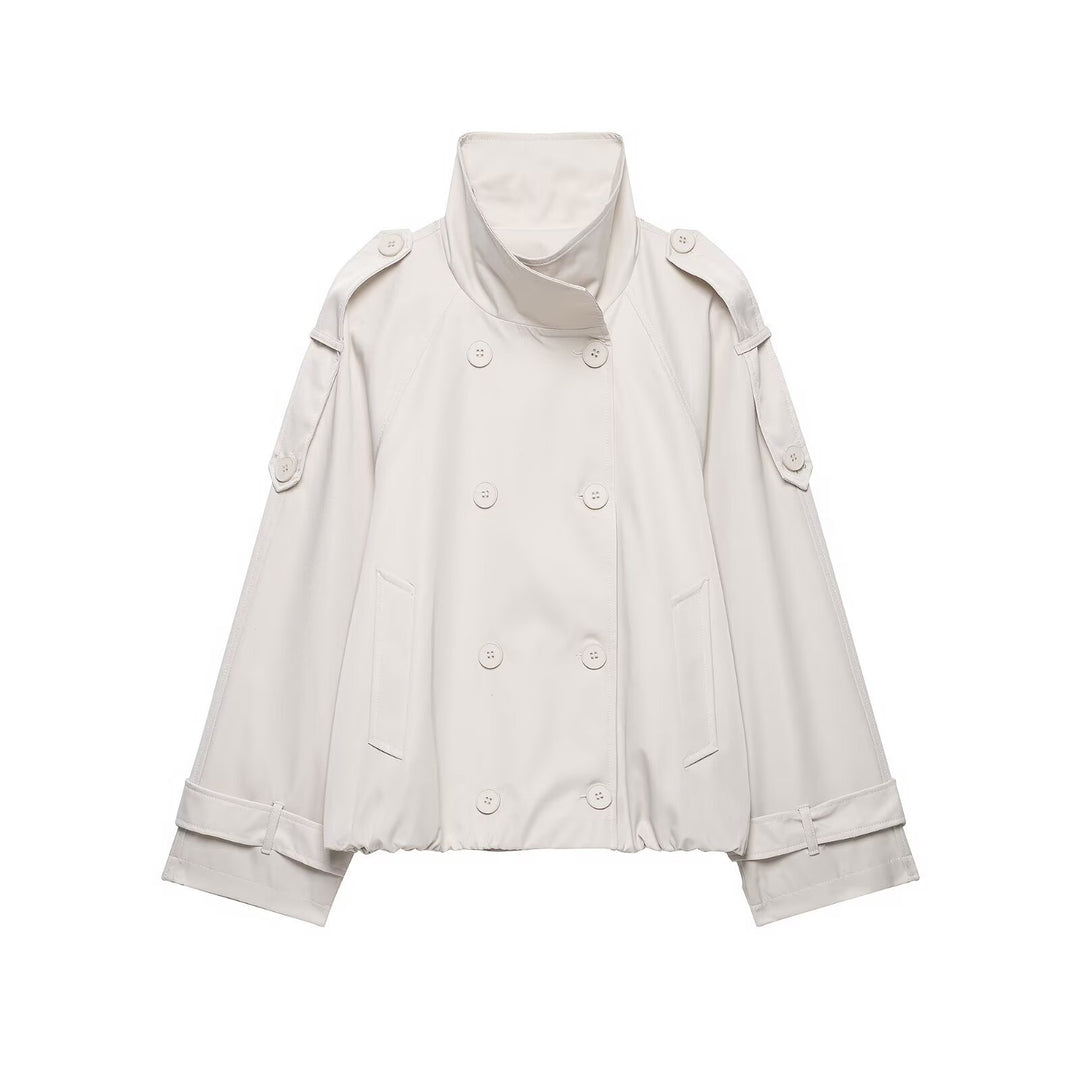 Women Short Cut Cape Trench with High Funnel Collar and Double-Breasted Button Placket Mune Fashion