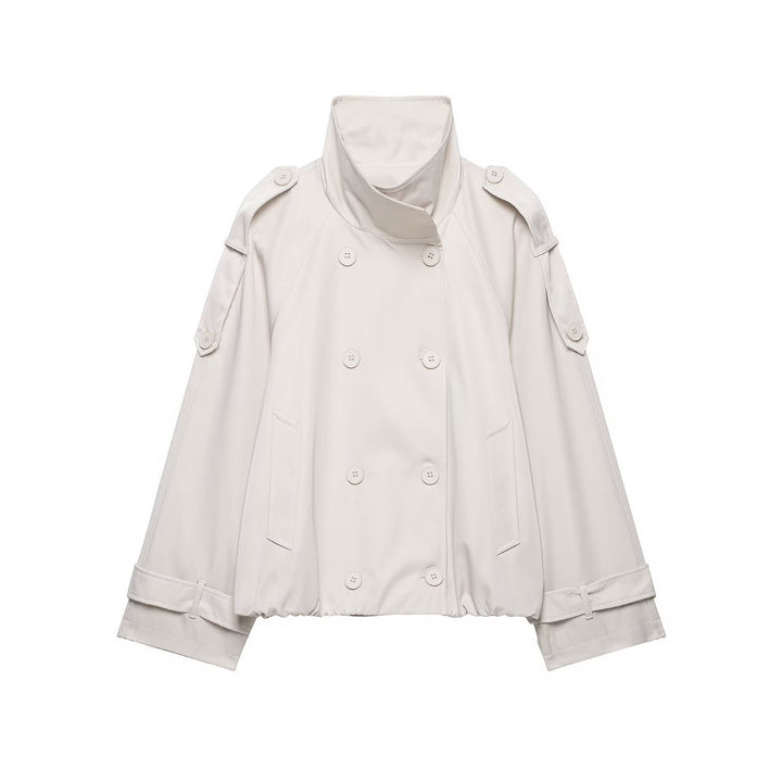 Women Short Cut Cape Trench with High Funnel Collar and Double-Breasted Button Placket Mune Fashion