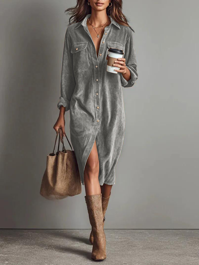Women's shirt dress made of corduroy with breast pockets, button placket and slit Mune Fashion