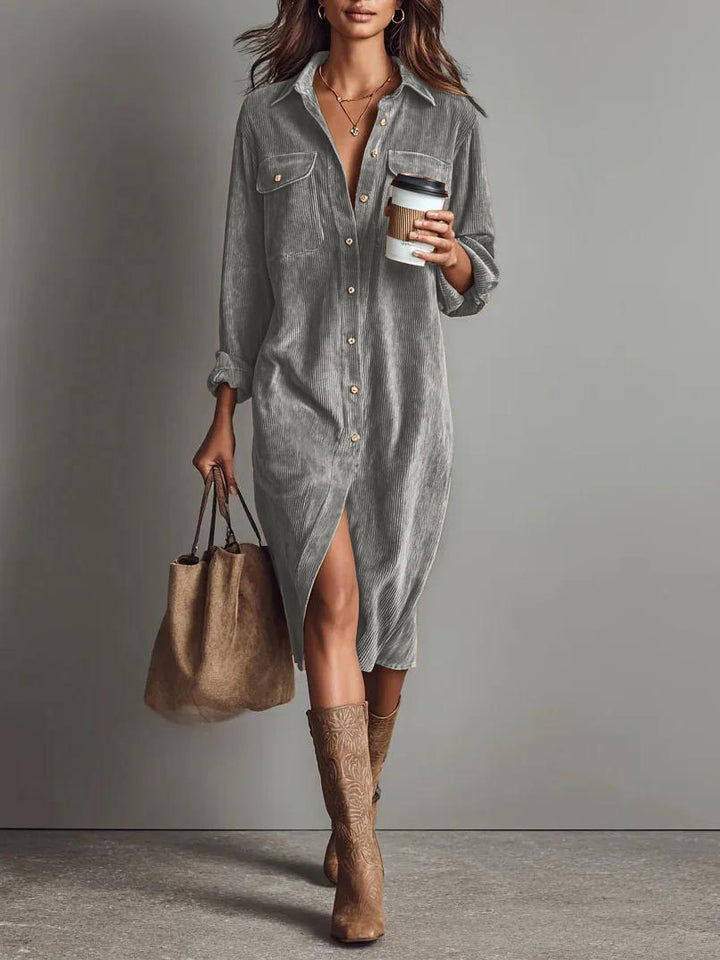 Women's shirt dress made of corduroy with breast pockets, button placket and slit Mune Fashion
