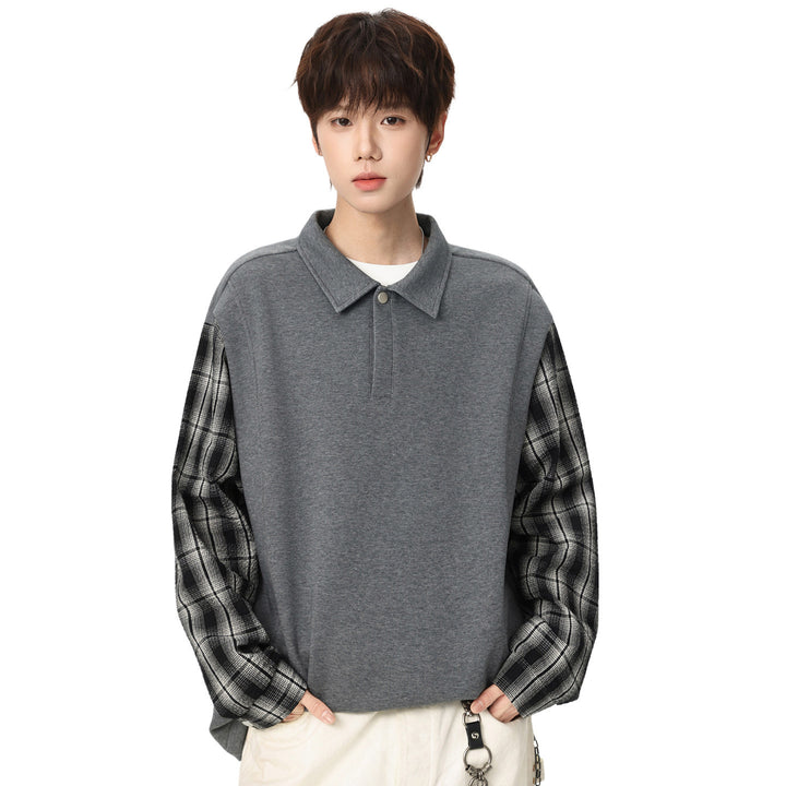 Unisex Oversize Sweater with Polo Collar and Checked Sleeve Construction Mune Fashion