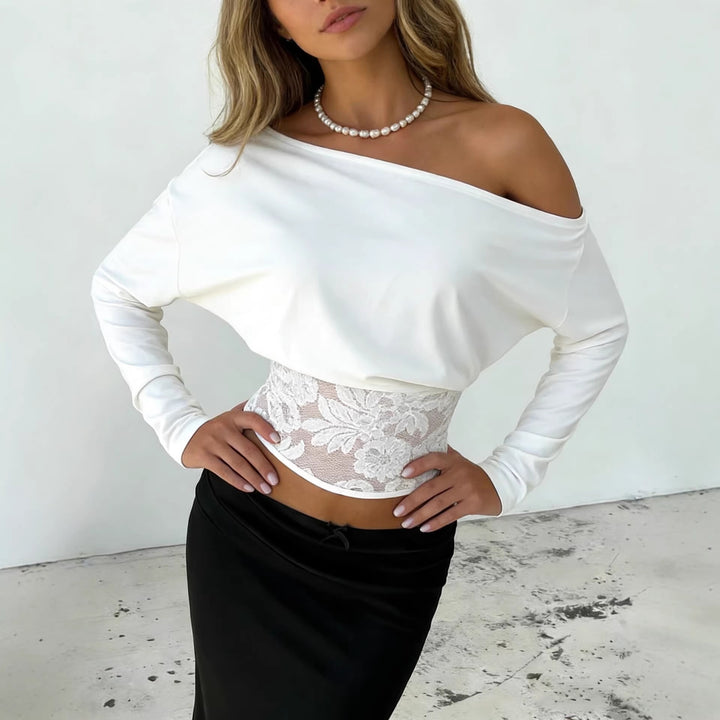 Women off-the-shoulder short top with integrated floral waist insert made of lace and dropped sleeves Mune Fashion