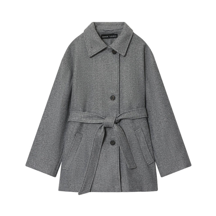 Women's short wool blend coat with tie belt, dropped shoulder and patch pockets Mune Fashion