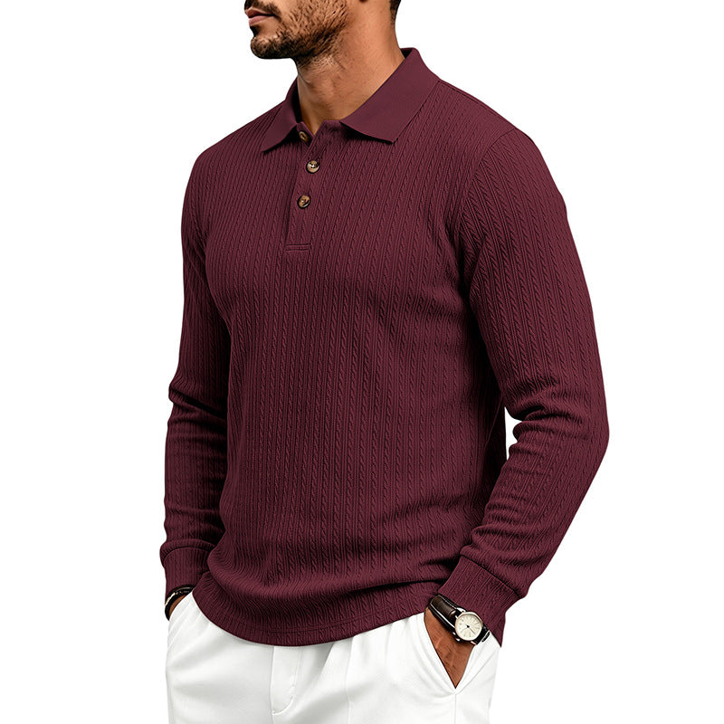 Men's Structured Long Sleeve Polo in Fine Knit with Cable Pattern and Button Placket Mune Fashion