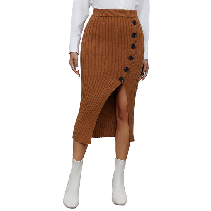 Women Ribbed Knit Midi Skirt with High Waist, Decorative Button Placket and Side Slit Mune Fashion