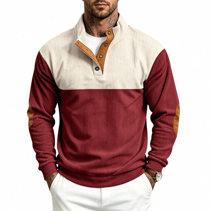 Men's Ribbed Stand-Up Collar Sweater with Button Placket, Contrast Trim and Elbow Patches Mune Fashion