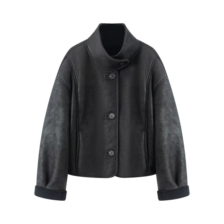 Women's short-cut artificial lambskin jacket with stand-up collar, button closure, and foldable faux-fur cuffs Mune Fashion