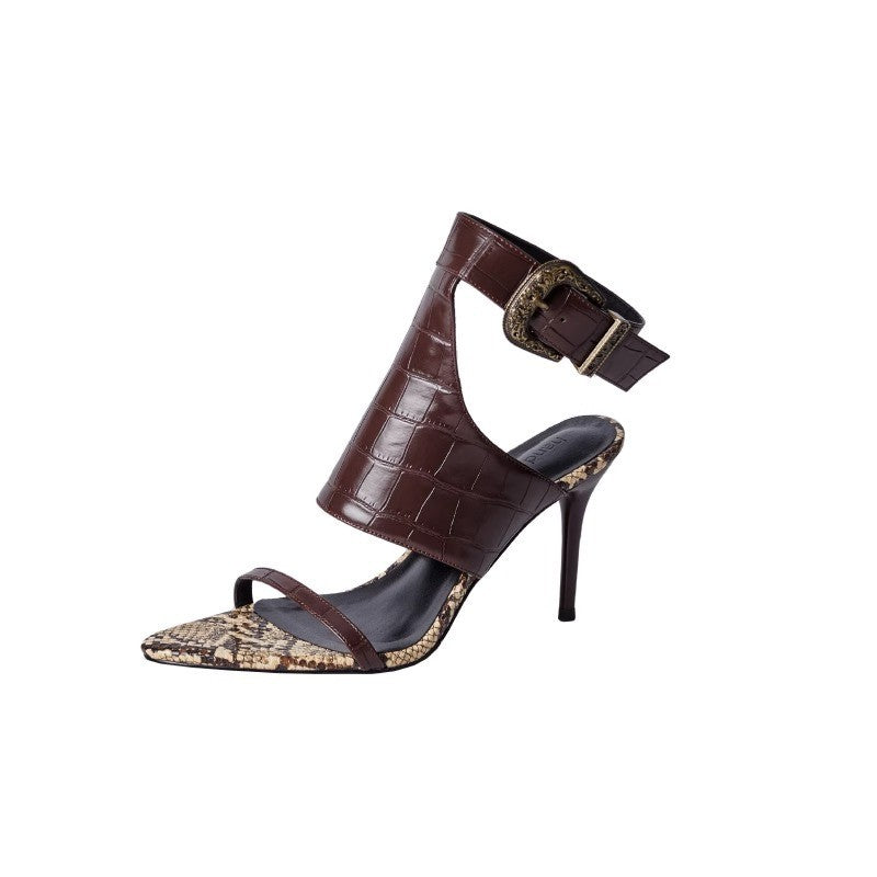Women's sandal with high stiletto, wide croc ankle strap and pointed snake skin look toe cap Mune Fashion