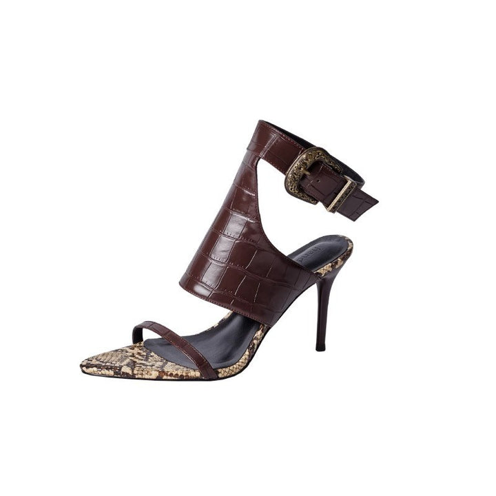 Women's sandal with high stiletto, wide croc ankle strap and pointed snake skin look toe cap Mune Fashion