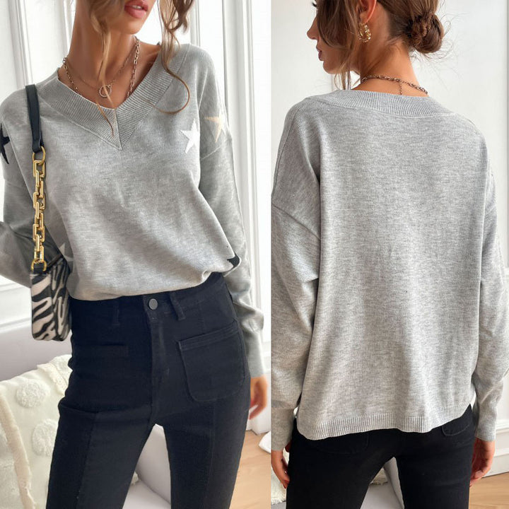 Ladies Fine V-Neck Knit Sweater with Star Intarsia and Drop Shoulder Mune Fashion