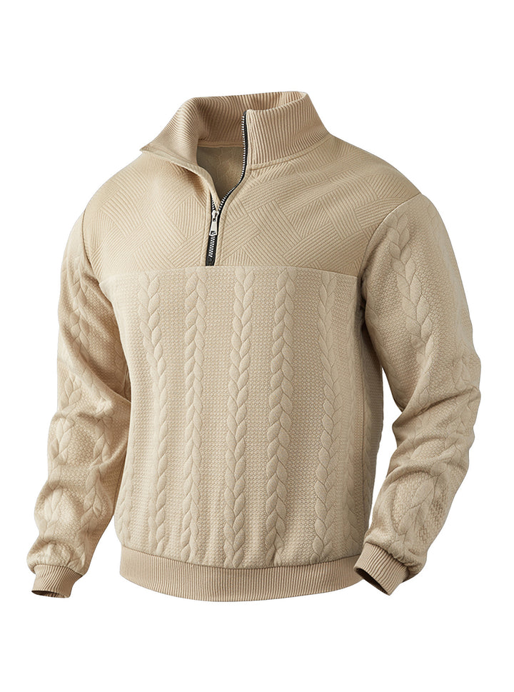 Men's textured knit sweater with half zip, braided cable pattern, and high stand-up collar Mune Fashion