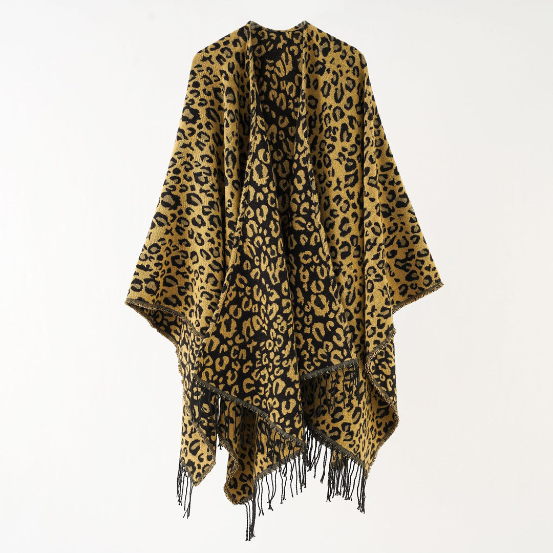 Women's Soft Falling Knit Wrap in Leopard Jacquard with Fringed Hem Mune Fashion