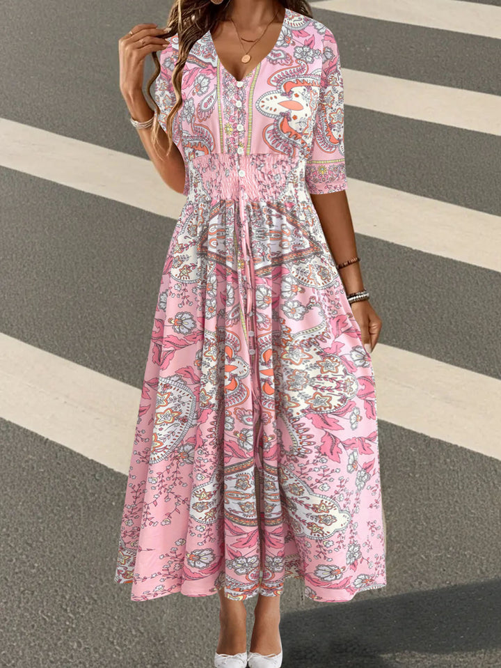 Women's Boho Maxi Dress with V-neck, Button Placket and Smocked Waist