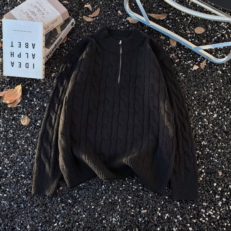 Unisex Oversize-Braided Pattern-Half Zip Sweater with Extra High Ribbed Collar and Heavy Cotton Blend Mune Fashion
