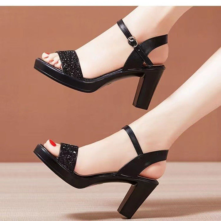 Women's Glitter T-Strap Sandals with Platform Effect and Stable Block Heel Mune Fashion