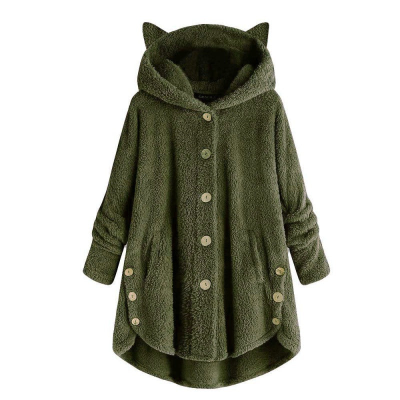 Women's Hooded Teddy Coat with Cat Ears, Button Placket and Asymmetrical Hem Mune Fashion
