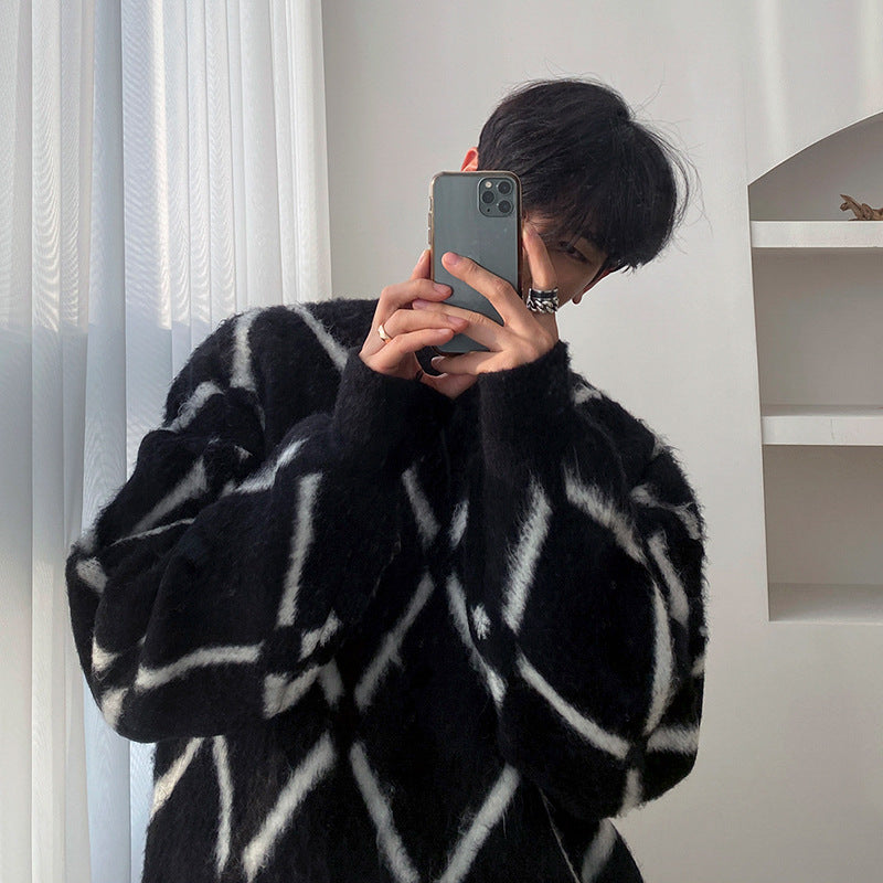 Men's Oversized Fluffy Knit Sweater with Diamond Pattern Mune Fashion
