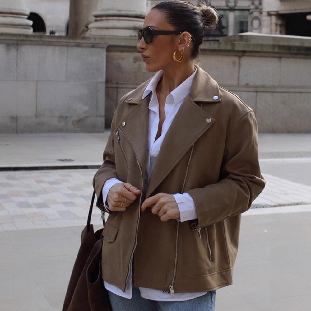 Women Oversize Biker Jacket made of suede imitation with asymmetric zipper Mune Fashion