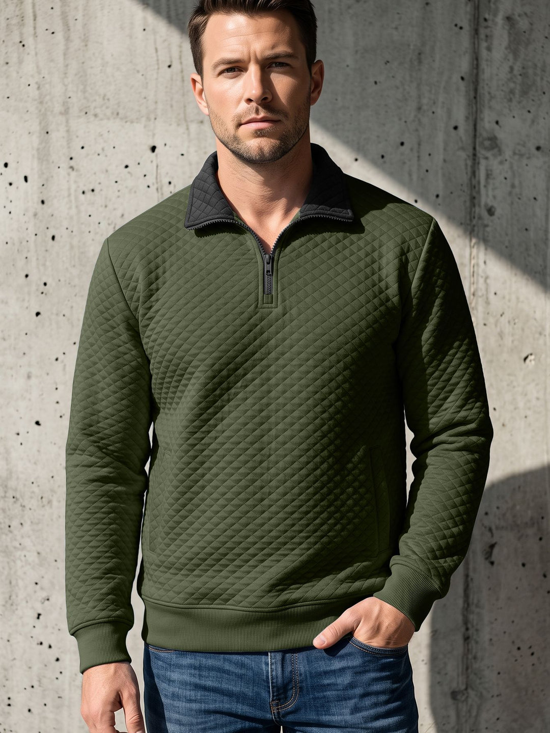 Men's quilted pullover with troyer collar and half zip Mune Fashion