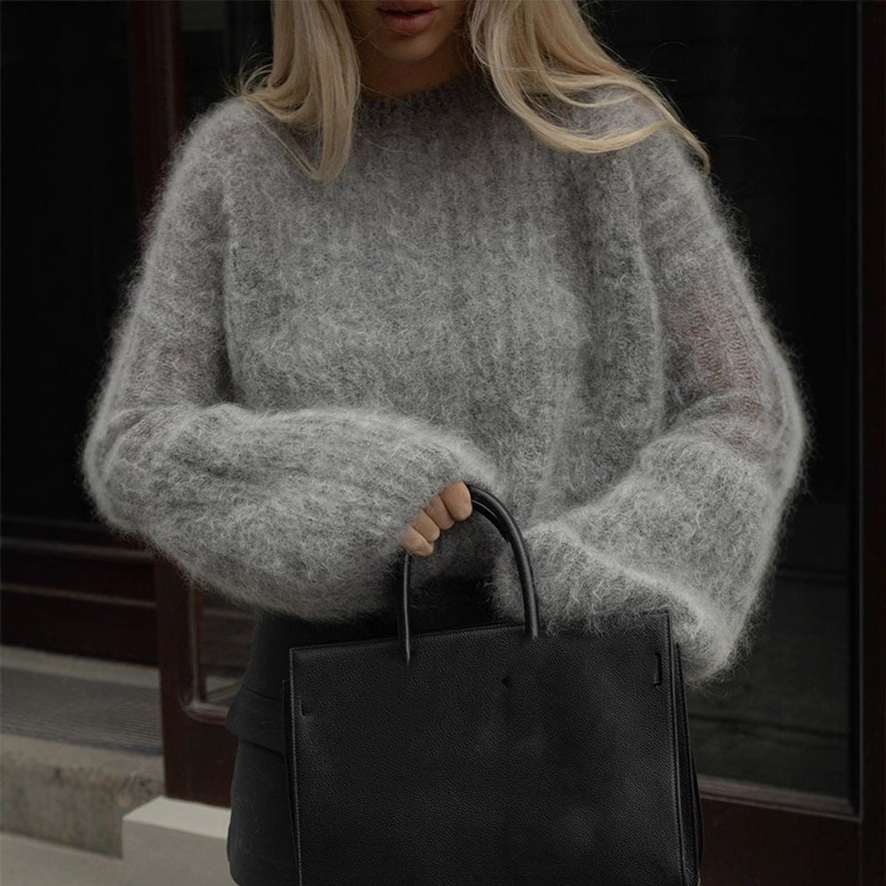 Women's Oversized Mohair Sweater with voluminous Balloon Sleeves and Fine Knit Collar Mune Fashion