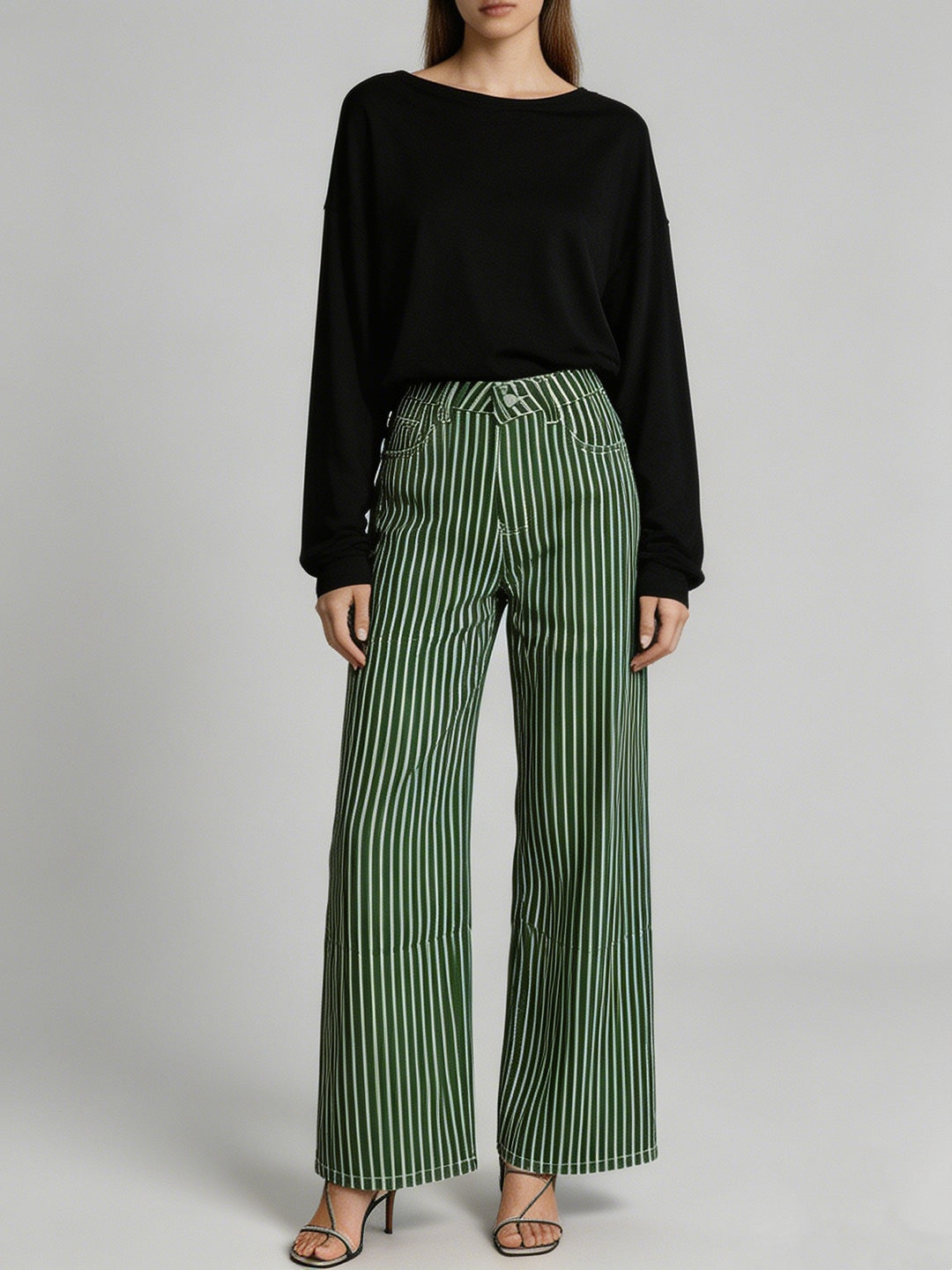 Ladies wide High-Waist Palazzo pants with vertical stripe design and quilted knee areas Mune Fashion