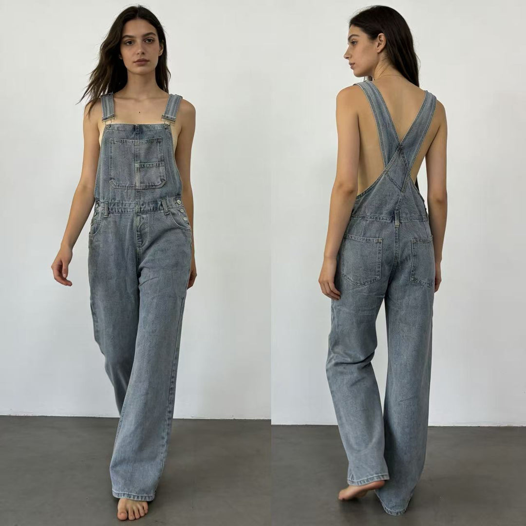 Ladies denim overall with wide leg, adjustable straps and flap pocket Mune Fashion