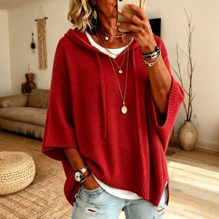 Ladies Oversized Knit Poncho with Hood, Batwing Sleeves and Side Slits Mune Fashion