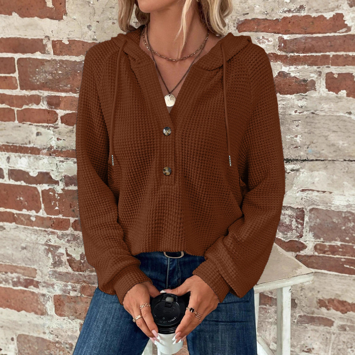 Women's Waffle Knit Hoodie with Half Button Placket and Hood Mune Fashion