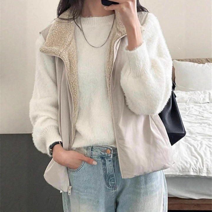 Women's Short Cut Fluffy Sweater with Balloon Sleeves and Round Neckline Mune Fashion
