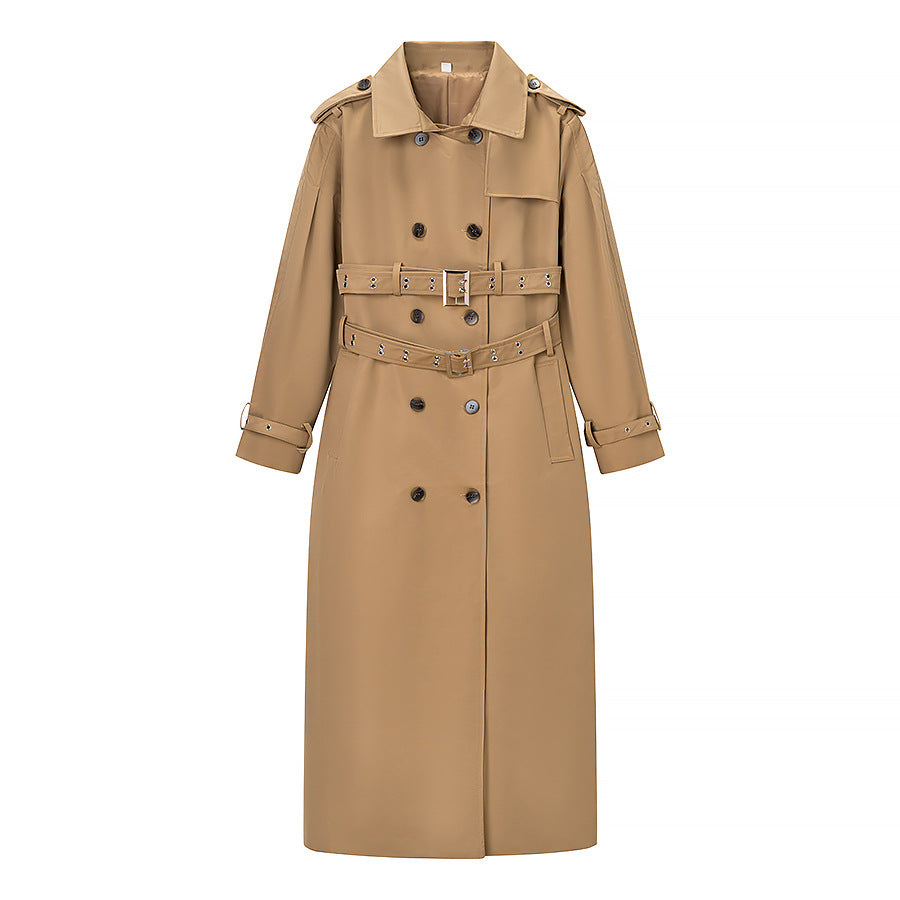 Women's Long Double-Breasted Trench Coat with Tailored Double Belt, Balloon Sleeves and Epaulettes Mune Fashion