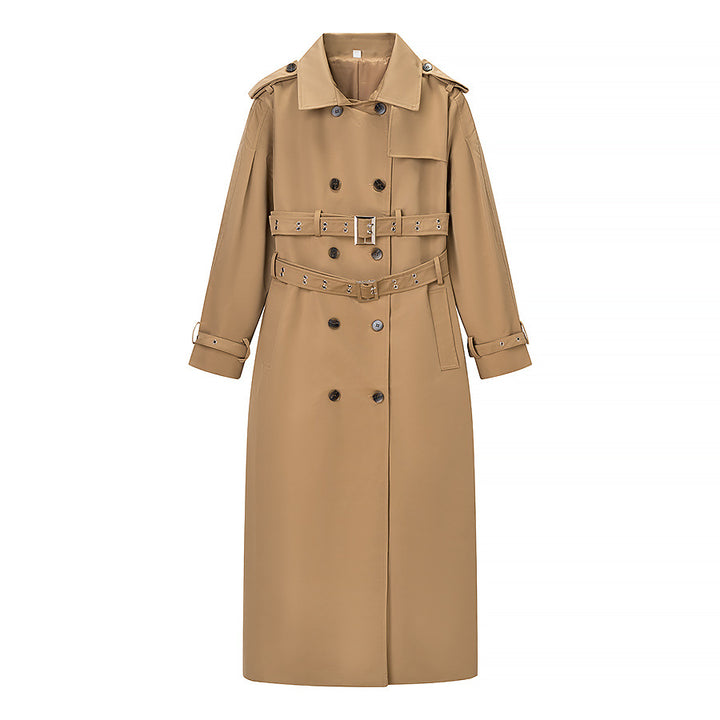 Women's Long Double-Breasted Trench Coat with Tailored Double Belt, Balloon Sleeves and Epaulettes Mune Fashion