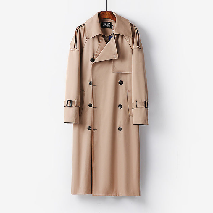 Women Longer Double-breasted Trench Coat with Tie Belt and Epaulettes Mune Fashion