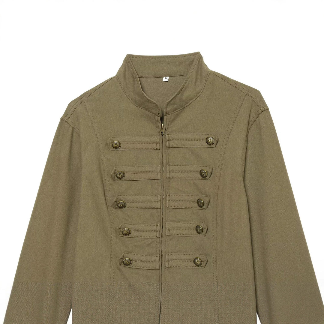 Women's military-inspired tailored field jacket with stand-up collar and decorative button placket Mune Fashion