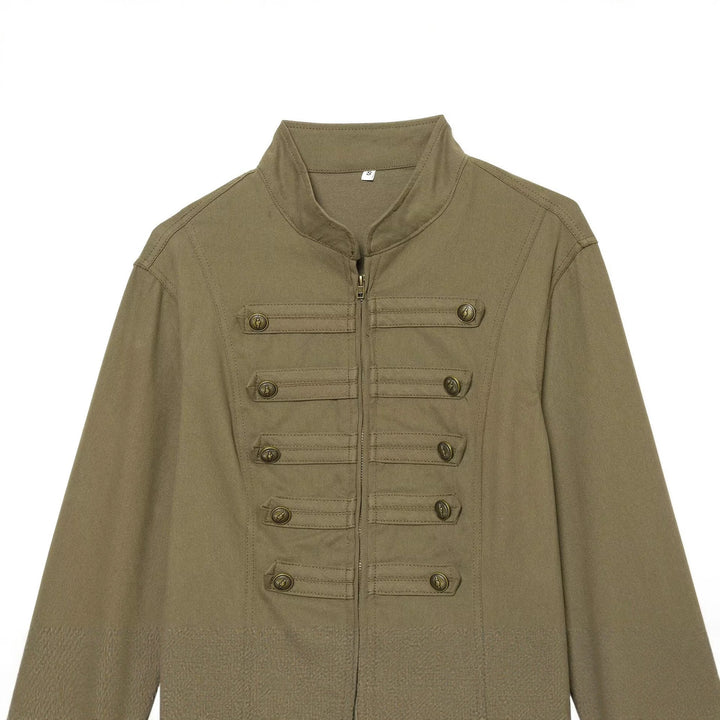 Women's military-inspired tailored field jacket with stand-up collar and decorative button placket Mune Fashion
