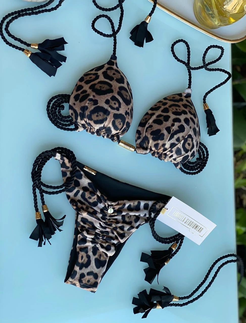 Ladies' triangle bikini with trendy leopard pattern and decorative tassels Mune Fashion