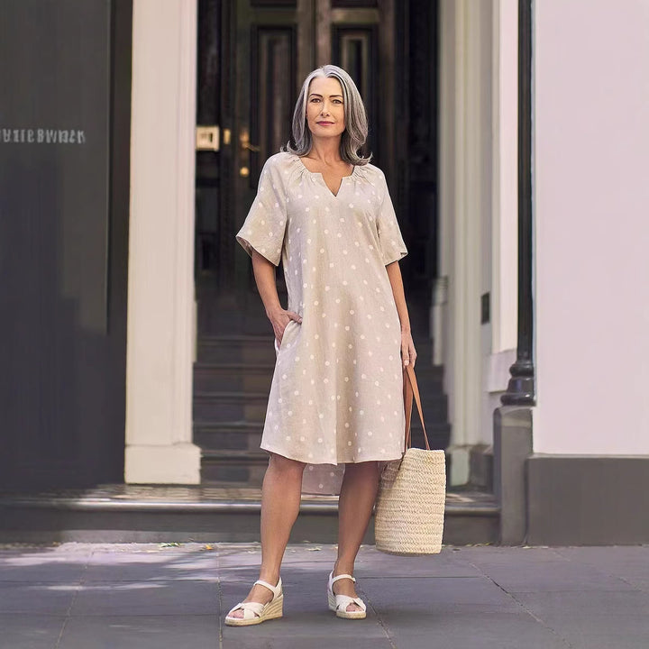Ladies casual A-line linen look dress with V-neck, gathered shoulder area and side pockets Mune Fashion